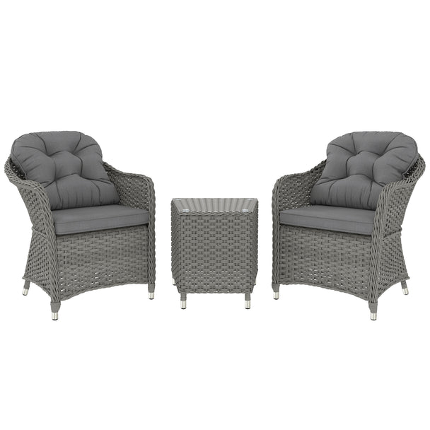 Light grey rattan bistro set with two padded armchairs and matching side table