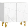White high gloss sideboard with line-detailed doors and gold hairpin legs