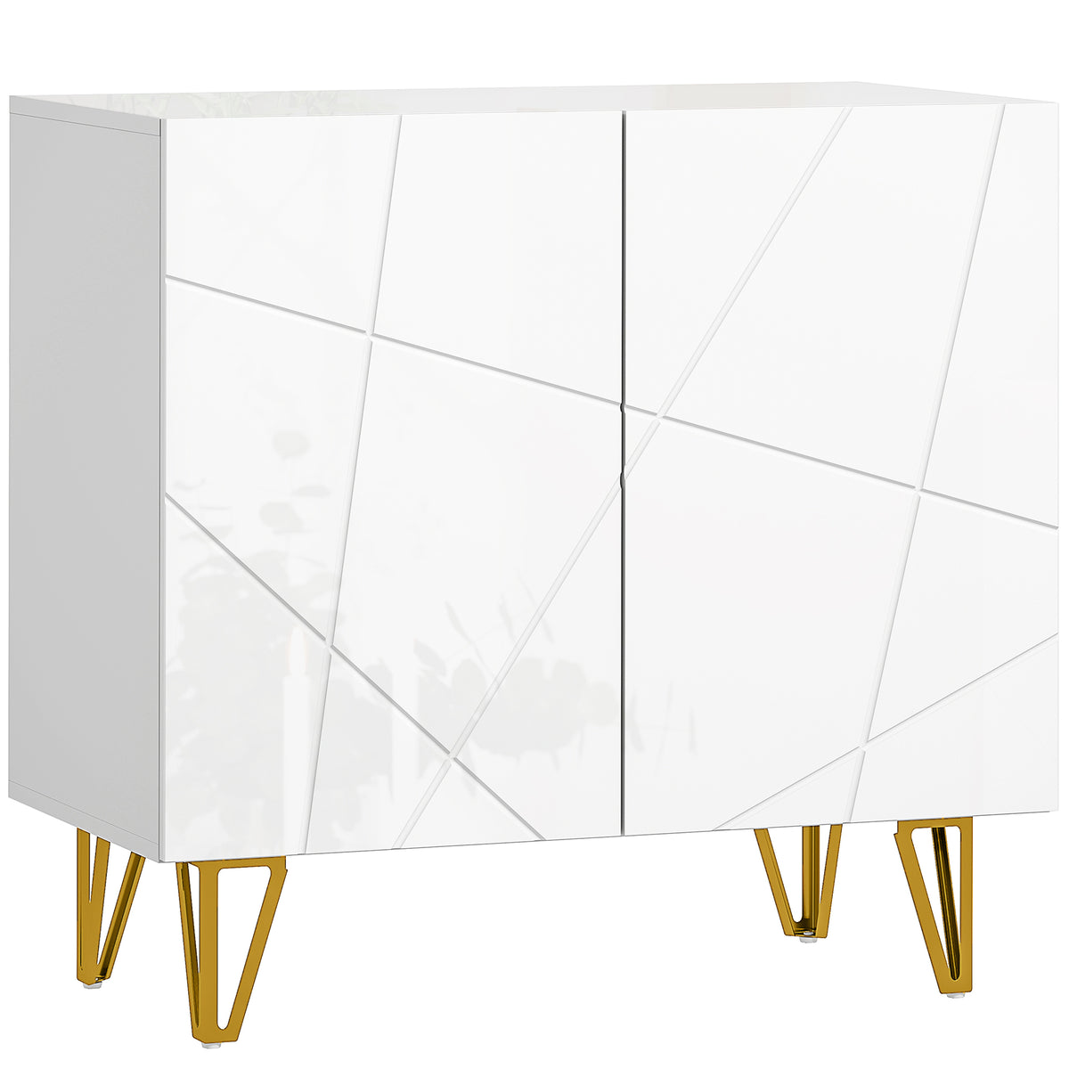 White high gloss sideboard with line-detailed doors and gold hairpin legs