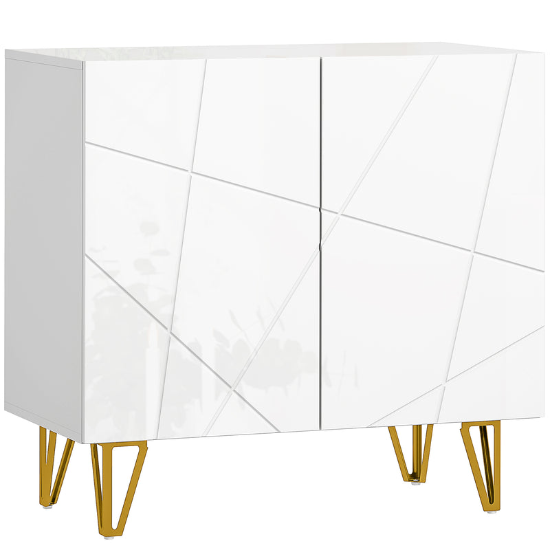 White high gloss sideboard with line-detailed doors and gold hairpin legs