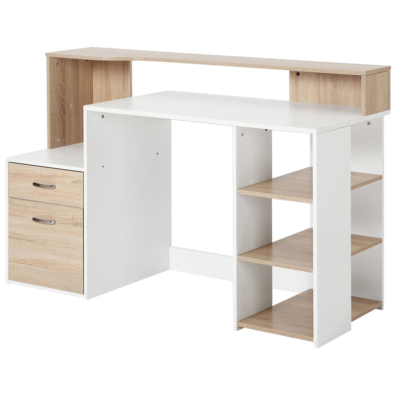 Oak and white 137 cm computer desk with two-drawer cabinet, side shelves, printer stand and raised back shelf