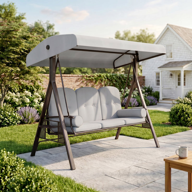 Outsunny 3 Seater Canopy Swing Chair, Outdoor Garden Swing Seat with Adjustable Canopy, Cushions and Cup Trays, Steel – view 2