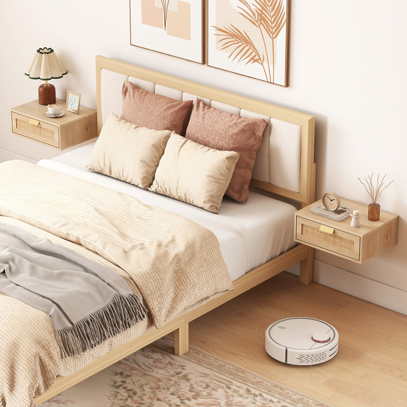 Rattan-drawer floating bedside tables in oak – image 10