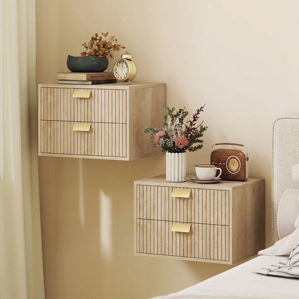 HOMCOM Modern Floating Nightstands Set of 2, Wall Mounted Bedside Tables with 2 Drawers, Oak – view 2