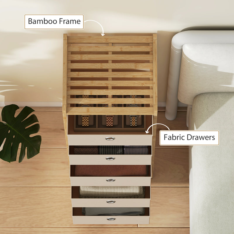 HOMCOM Chest of Drawers, 5 Fabric Drawers Narrow Dresser with Bamboo Frame, Cream White – view 7