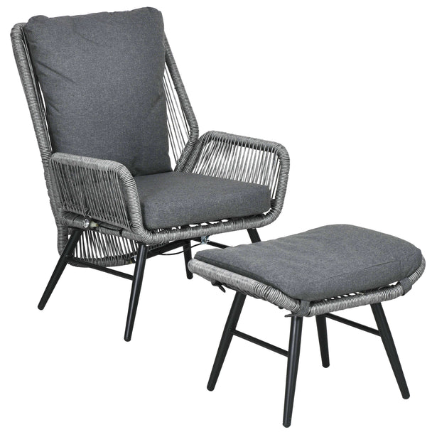 Light grey reclining string rattan armchair with matching footstool and cushions