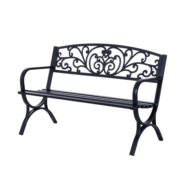 Black heavy-duty steel 2-seater garden bench with decorative back and armrests