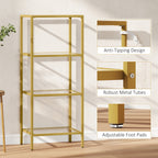 4-Tier Shelving Unit, Glass Shelf, Vertical Storage Shelf for Living Room, Home Office, Bedroom, Bathroom, Gold Tone