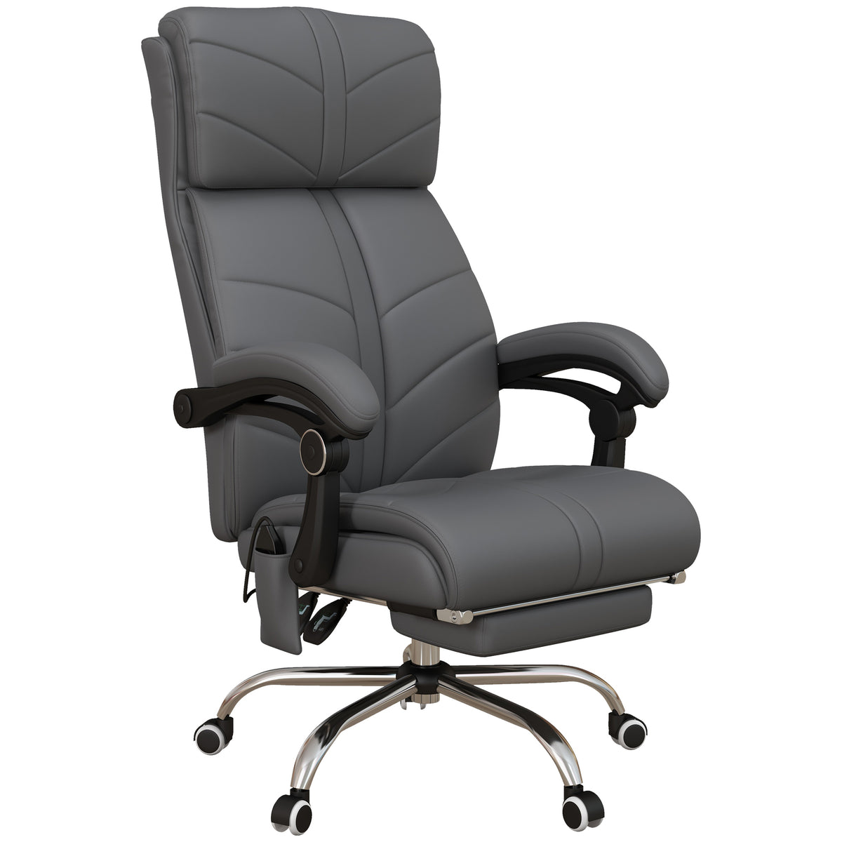 Grey faux leather high back massage office chair with padded armrests, headrest and pull-out footrest