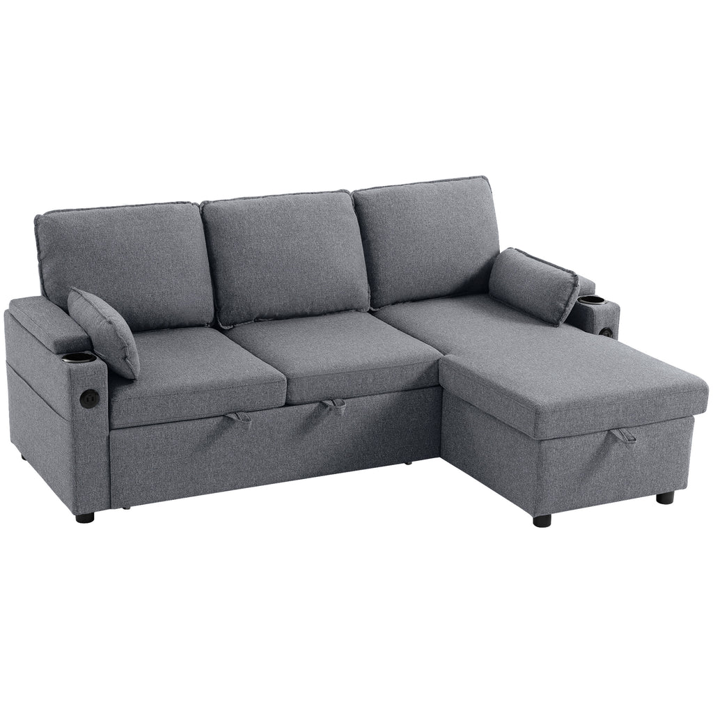 Corner Sofa Bed, L Shaped Sleeper Sectional Sofa with Reversible Storage Chaise, Grey