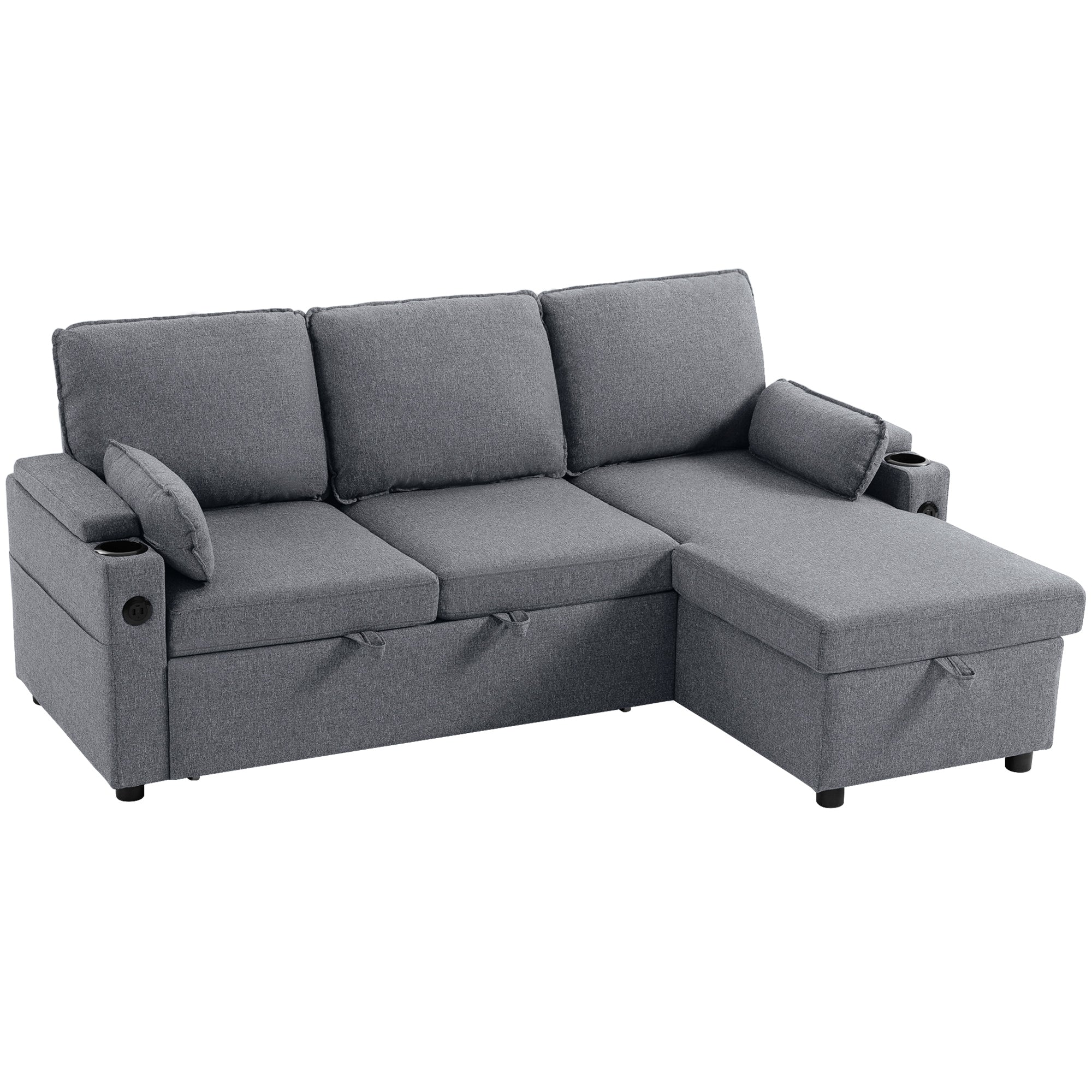 Corner Sofa Bed, L Shaped Sleeper Sectional Sofa with Reversible Storage Chaise, Grey