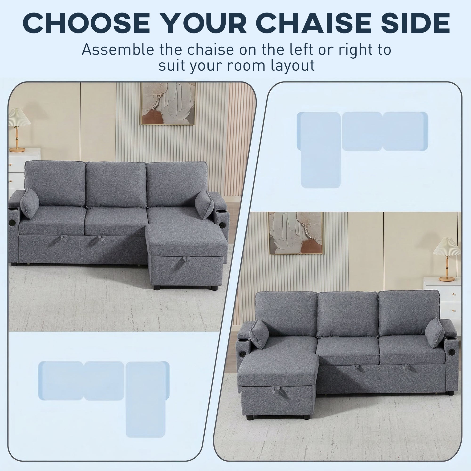 Corner Sofa Bed, L Shaped Sleeper Sectional Sofa with Reversible Storage Chaise, Grey