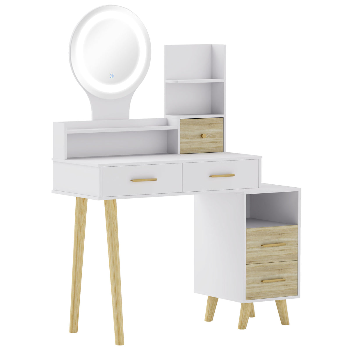 White dressing table with LED-lit round mirror, five drawers, open shelves and gold handles