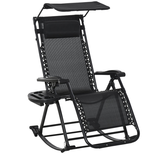 Black folding zero gravity rocking chair with sunshade canopy, headrest and side tray