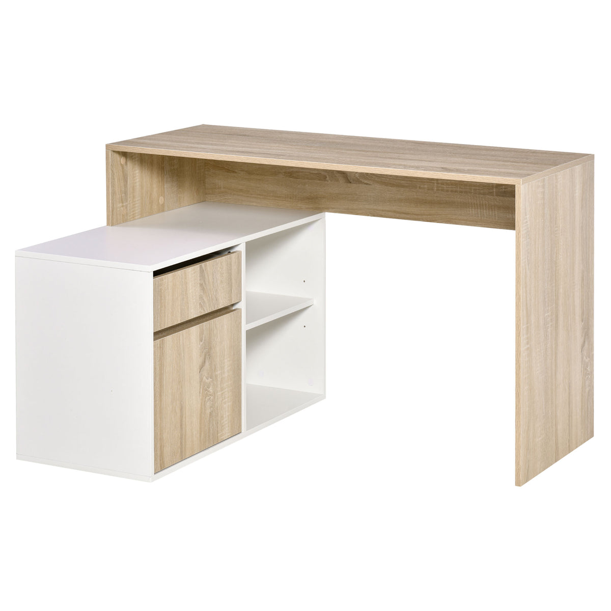 L-shaped corner desk with oak-effect top and white cabinet with drawer and two storage cubes