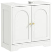 White under sink bathroom cabinet with arched doors and gold-tone knobs