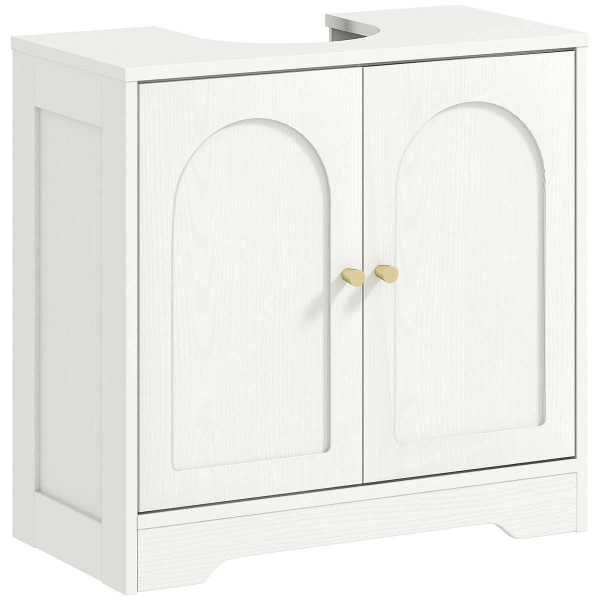 White under sink bathroom cabinet with arched doors and gold-tone knobs