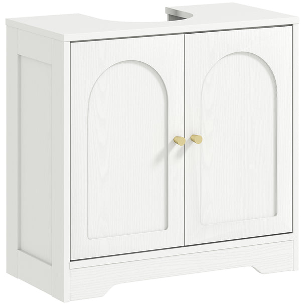 White under sink bathroom cabinet with arched doors and gold-tone knobs