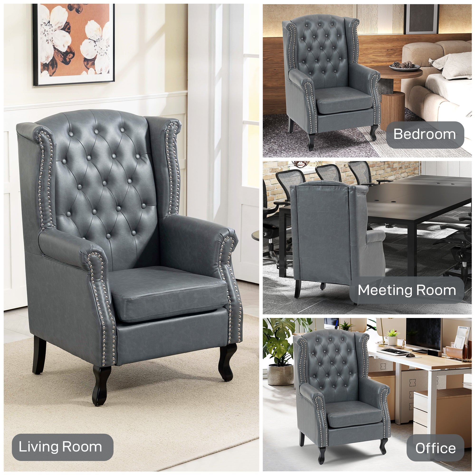 Wingback Accent Chair Tufted Chesterfield-style Armchair with Nail Head Trim for Living Room Bedroom Grey