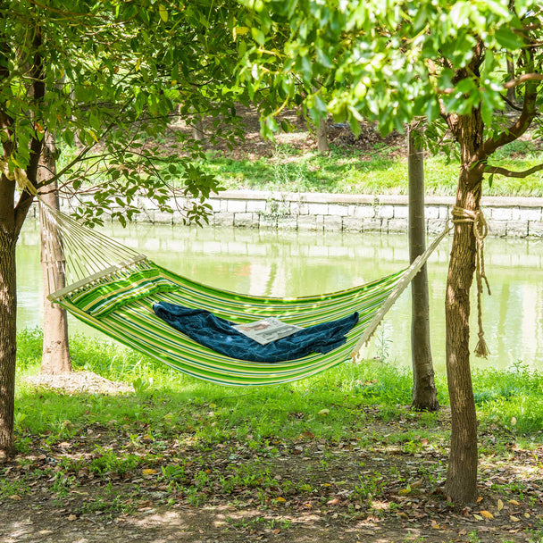 Outsunny Double Cotton Hammock Camping Swing Outdoor Garden Beach Stripe Hanging Bed with Pillow, 188 x 140 cm, 180 KG – view 2