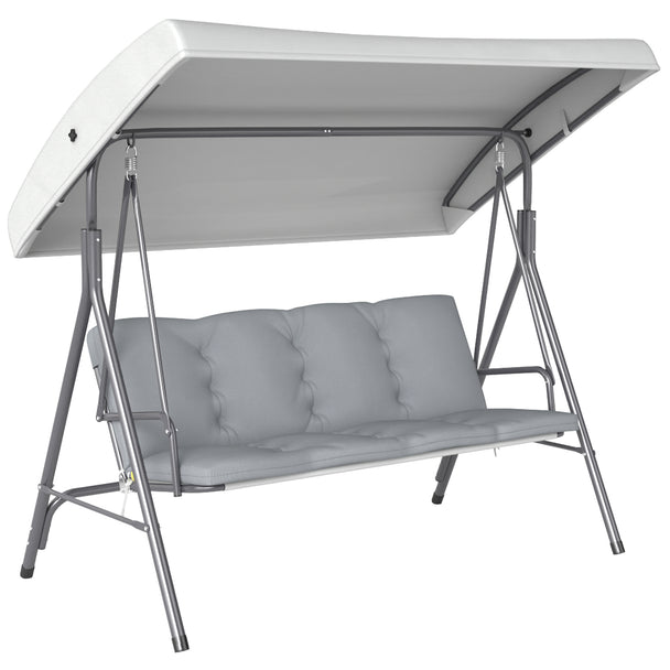 Light grey 3-seater garden swing seat with adjustable canopy, padded cushion and steel frame