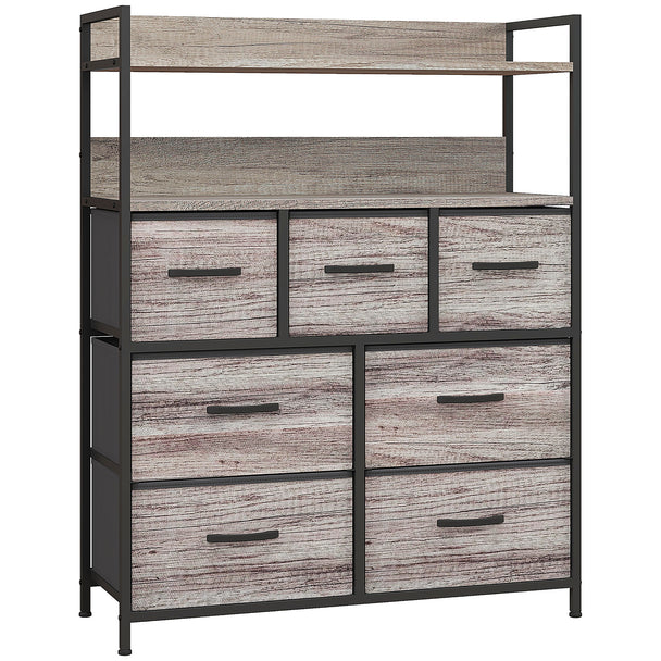 Grey wood-effect storage unit with seven fabric drawers, open shelf and black steel frame
