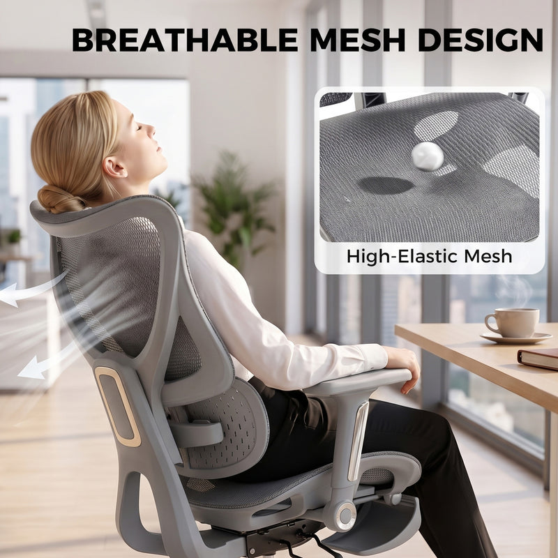 HOMCOM Ergonomic Office Chair with Lumbar Support, Mesh Reclining Desk Chair with Footrest, Adjustable High Back, Grey – view 7