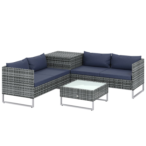 L-shaped grey rattan corner sofa set with dark blue cushions, storage corner table and glass coffee table