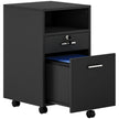 Black 2-drawer mobile filing cabinet with open top shelf, lockable drawer and castor wheels
