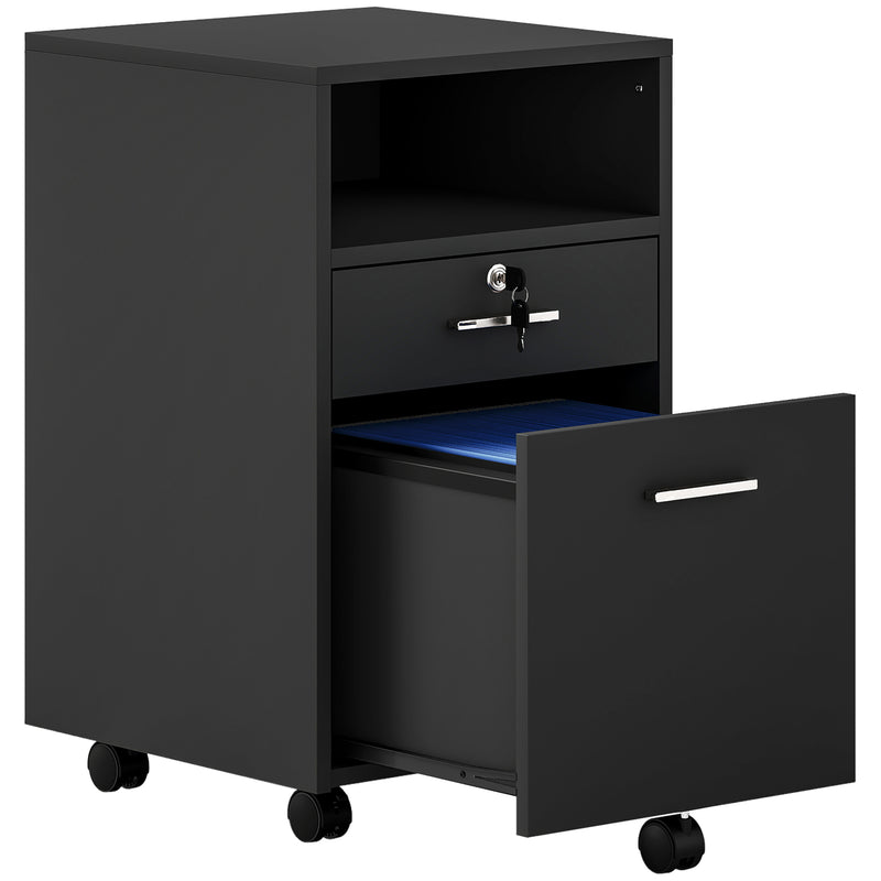 Black 2-drawer mobile filing cabinet with open top shelf, lockable drawer and castor wheels