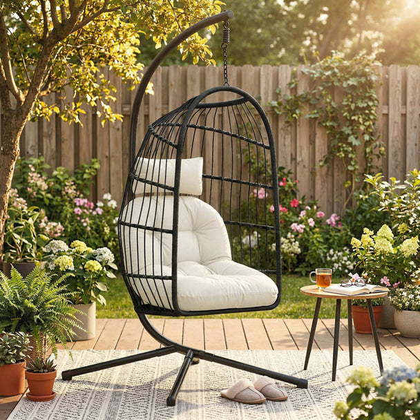 Outsunny Hanging Egg Chair, Indoor Outdoor Hammock Swing Chair with Stand, Safety Strap, Foldable Basket, Black/Cream – view 2