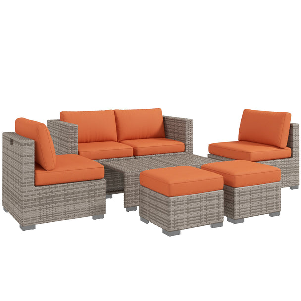 Grey 8-piece rattan corner sofa set with orange contrast cushions, footstools and tables