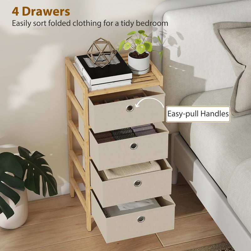 HOMCOM Chest of Drawers, 4 Fabric Drawers Narrow Dresser with Bamboo Frame, Cream White – view 4