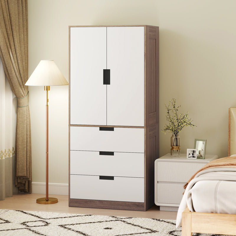 HOMCOM Modern Clothes Storage Cupboard Unit, 3 Drawer 2 Door Wardrobe with Hanging Rod, White/Brown – view 8