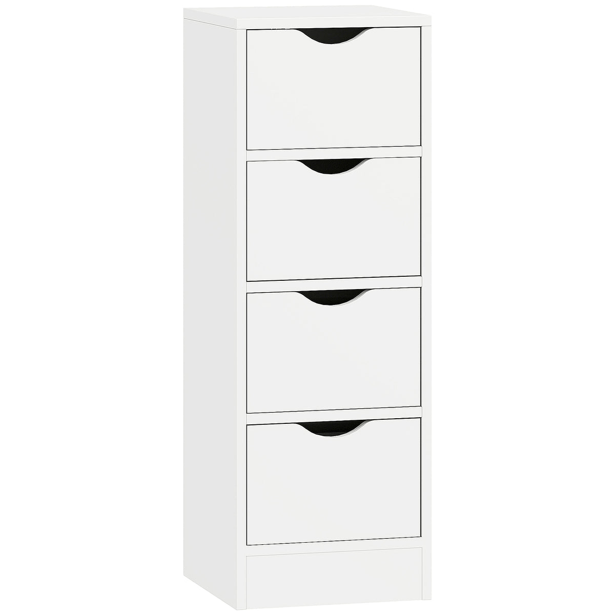 White narrow freestanding bathroom cabinet with four drawers and groove handles