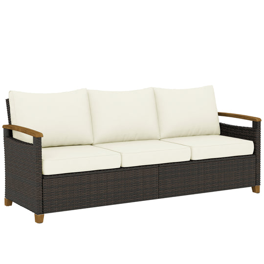 Brown 3-seater deep-seat rattan garden sofa with cream cushions and curved wood-effect arms