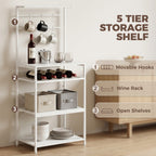 Freestanding Shelving Unit, Industrial Storage Shelf with 6 Hooks and Wine Rack for Living Room, Home Office, White