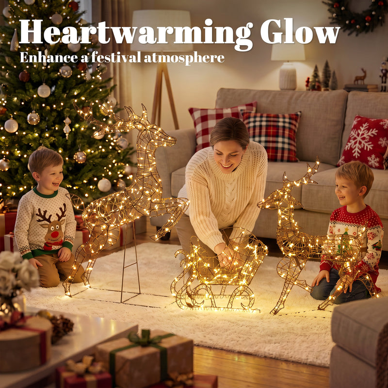 3-Piece Rattan Reindeer and Sleigh Christmas Light Set shown in a festive display