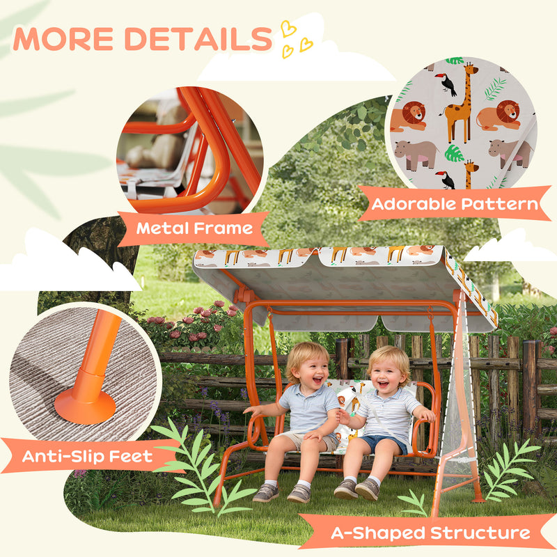 AIYAPLAY Kids Porch Swing, 2-Seater Patio Swing Bench Hammock with Seat Belts, Adjustable Canopy for Garden, Orange – view 6