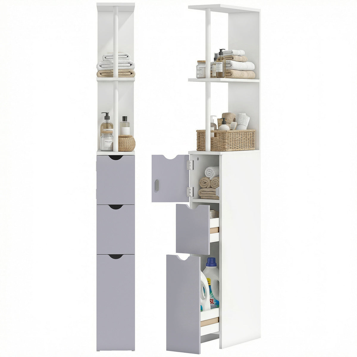 Tall slim white and grey bathroom cabinet with open shelves, cupboard and two drawers