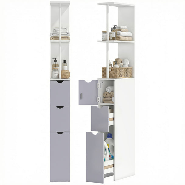 Tall slim white and grey bathroom cabinet with open shelves, cupboard and two drawers