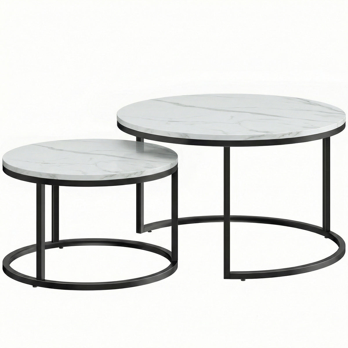 Set of 2 Round Marble-Effect Nesting Coffee Tables – White