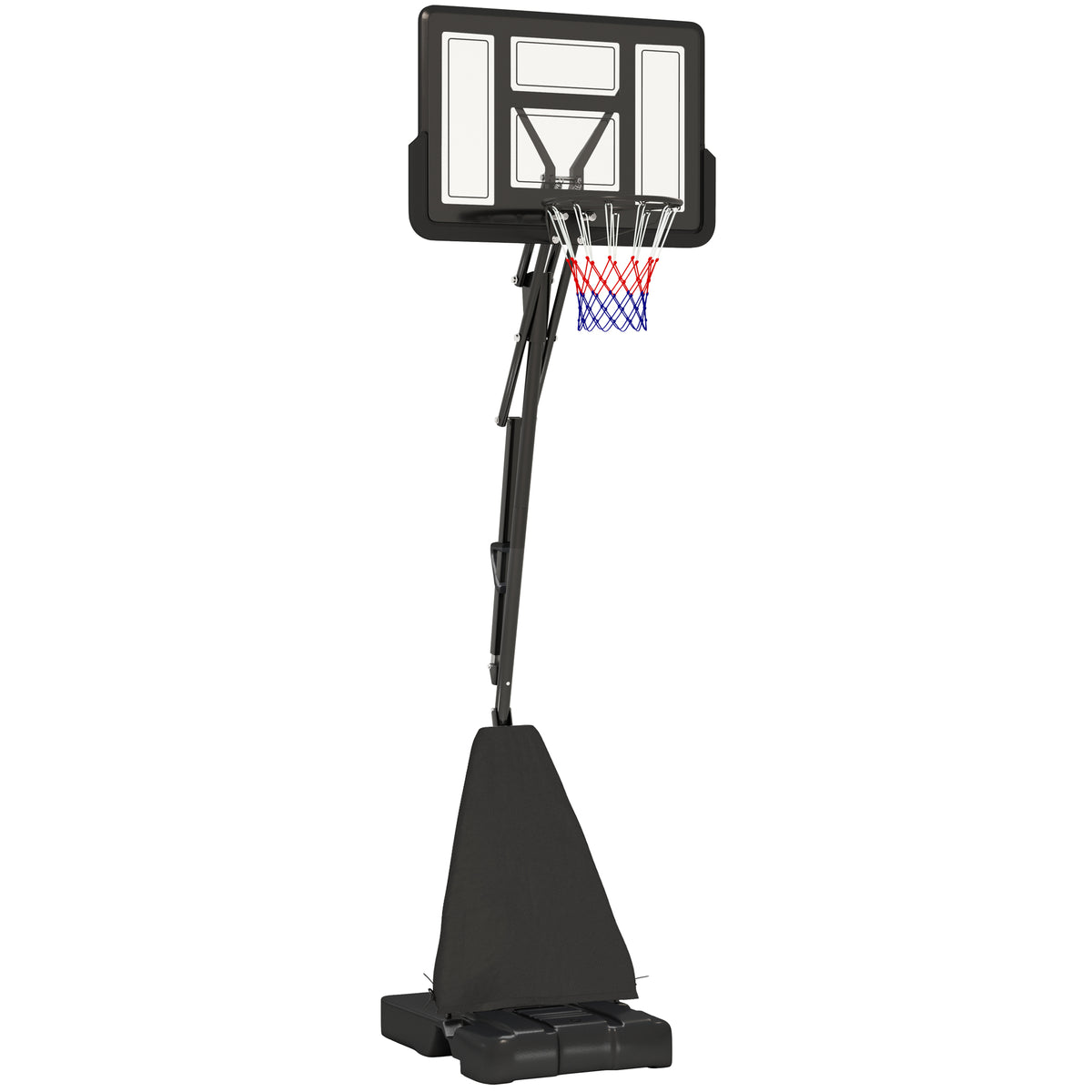 Black portable basketball hoop and stand with adjustable height, fillable base and wheels
