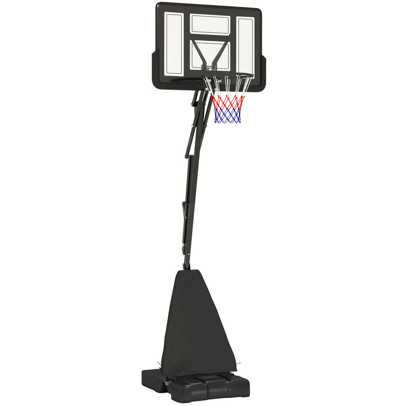 Black portable basketball hoop and stand with adjustable height, fillable base and wheels