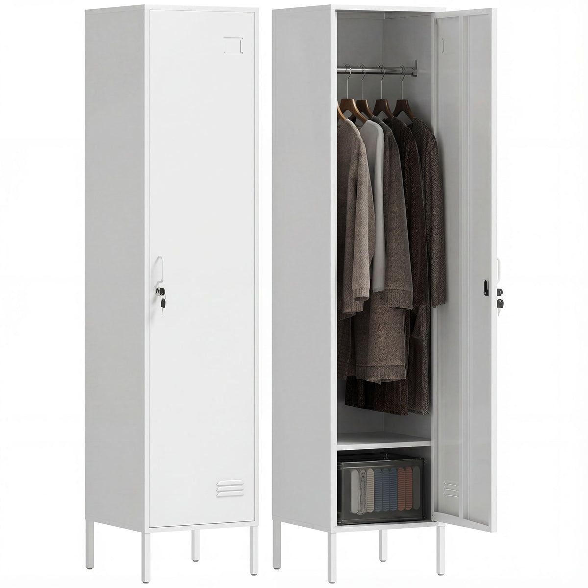 White lockable steel locker with vented door, hanging rod and lower shelf
