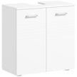 White under sink cabinet with high gloss line-detailed doors and pipe cut-out