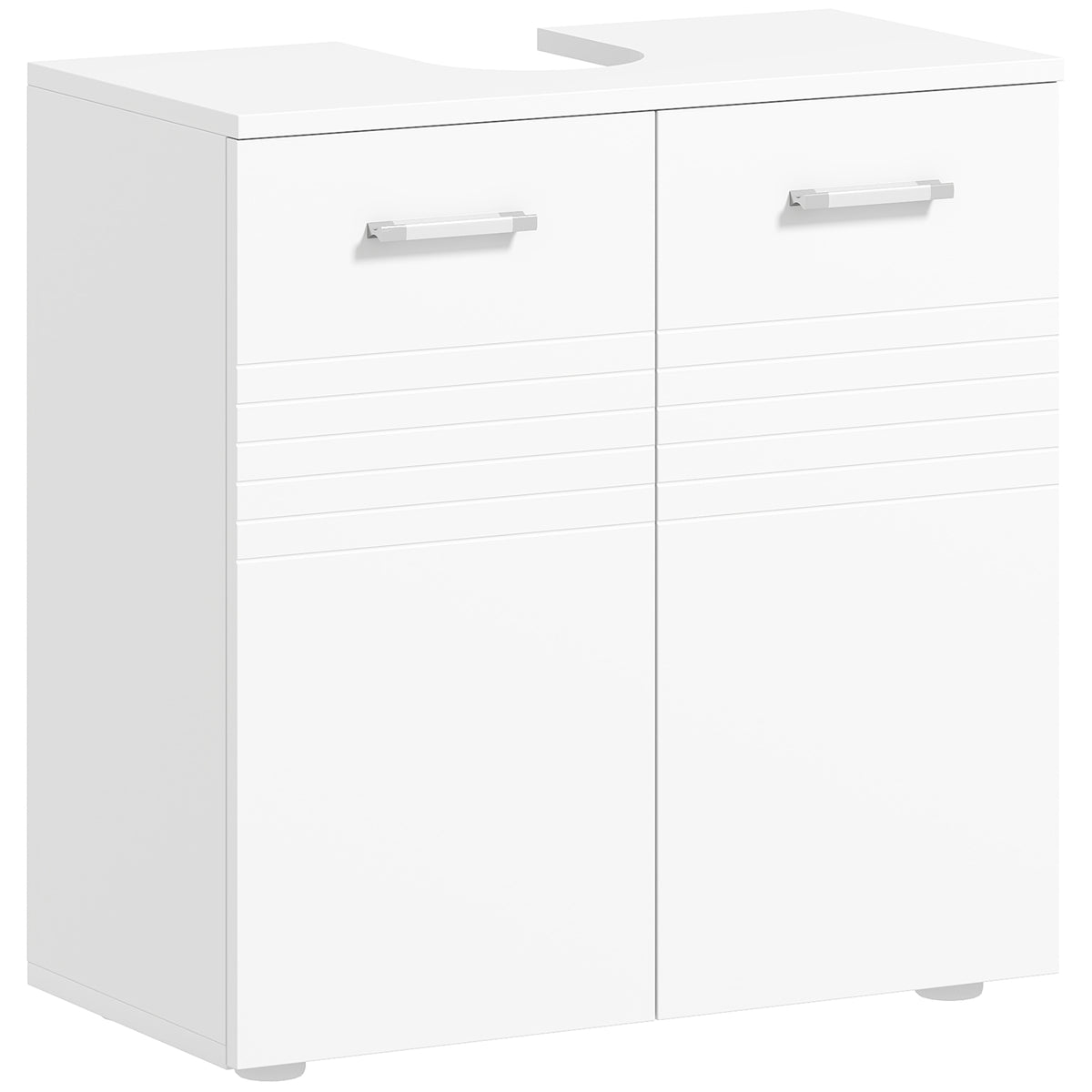 White under sink cabinet with high gloss line-detailed doors and pipe cut-out