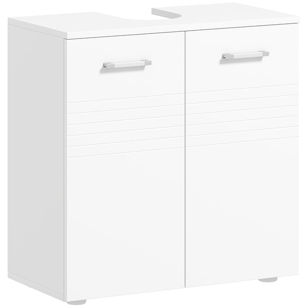 White under sink cabinet with high gloss line-detailed doors and pipe cut-out
