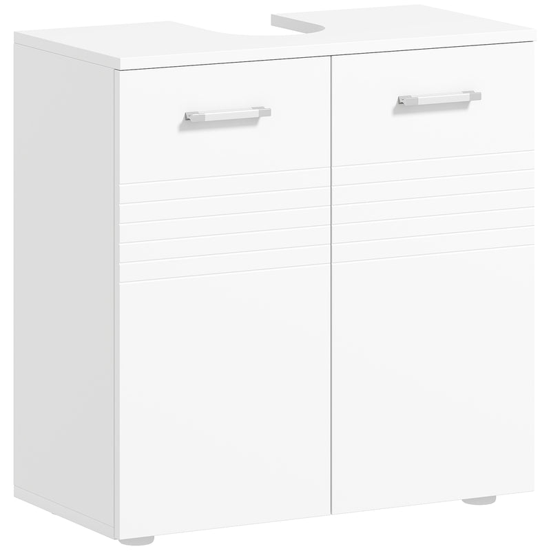 White under sink cabinet with high gloss line-detailed doors and pipe cut-out