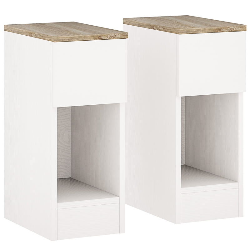 Set of two slim cream white bedside tables with oak-effect tops, drawers and open shelves